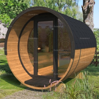Log Barrel Sauna 955 - Thermowood Logs, Felt Tiles Log Barrel Sauna 955 - Thermowood Logs, Felt Tiles