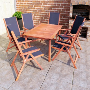 6 Seater Hardwood Set 107 - Textilene Reclining Chairs, Traditional Table 6 Seater Hardwood Set 107 - Textilene Reclining Chairs, Traditional Table
