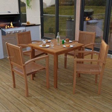 4 Seater Teak Dining Set 196 - Stacking Armchairs, Square Table 4 Seater Teak Dining Set 196 - Stacking Armchairs, Square Table