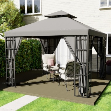 Gazebo 106-G - Metal, Hipped Roof, Trellis, Nets, Curtains